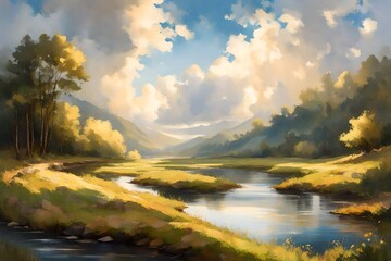 A quiet river winding through a peaceful valley, the sky above adorned with fluffy clouds catching the afternoon sunlight.