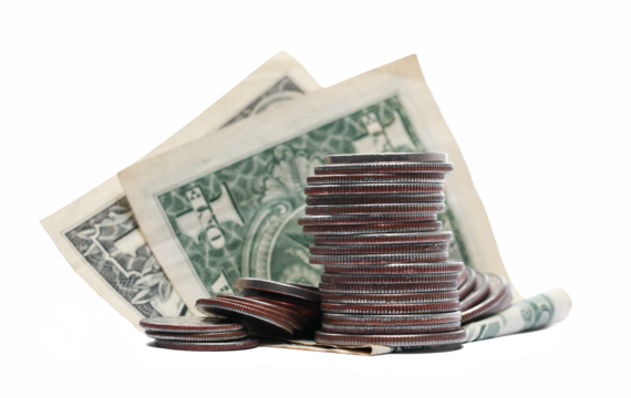 Set dollars metal, cash money, coin and one dollar bill isolated on white, side view