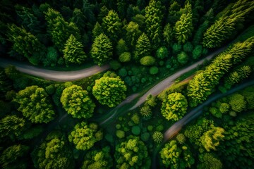 A mesmerizing drone image capturing the lush greenery of a countryside forest, with the camera highlighting the intricate textures and vibrant hues of the thriving vegetation - obrazy, fototapety, plakaty