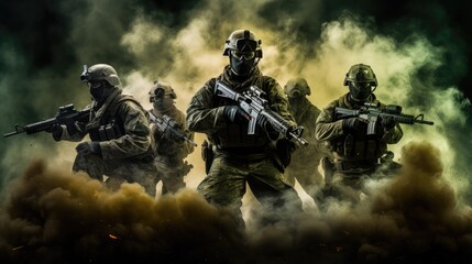 Warzone camaraderie! A portrait of military men, a group of soldiers on a smoky background. - obrazy, fototapety, plakaty