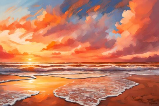 A tranquil beach with gentle waves, the sky painted with a palette of warm colors as the sun sets behind fluffy clouds.