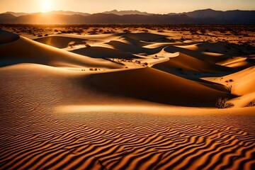 A desert landscape with rolling dunes, the sun casting long shadows as it sets behind a canvas of wispy clouds.