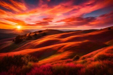 Wispy clouds painting streaks of pink and orange across the sky during a breathtaking sunset over rolling hills.
