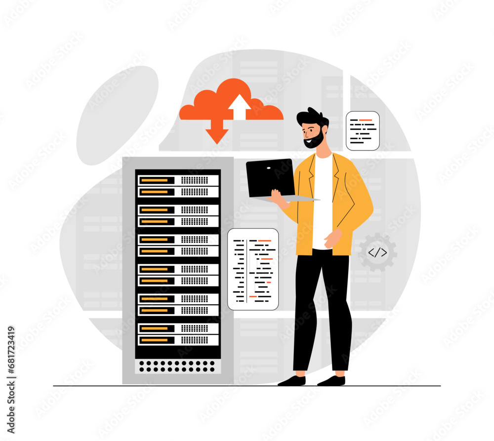 Poster cloud computing, storage concept. engineer works in server room, developing, maintenance hardware. i