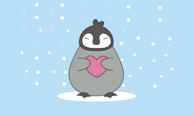 Penguin under snow, penguin for valentine's day card