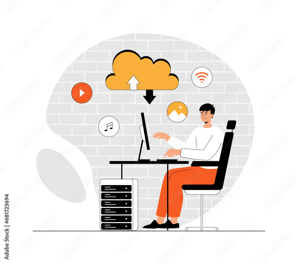 Poster cloud computing, storage, data center, file management concept. man uploads data to cloud service, s