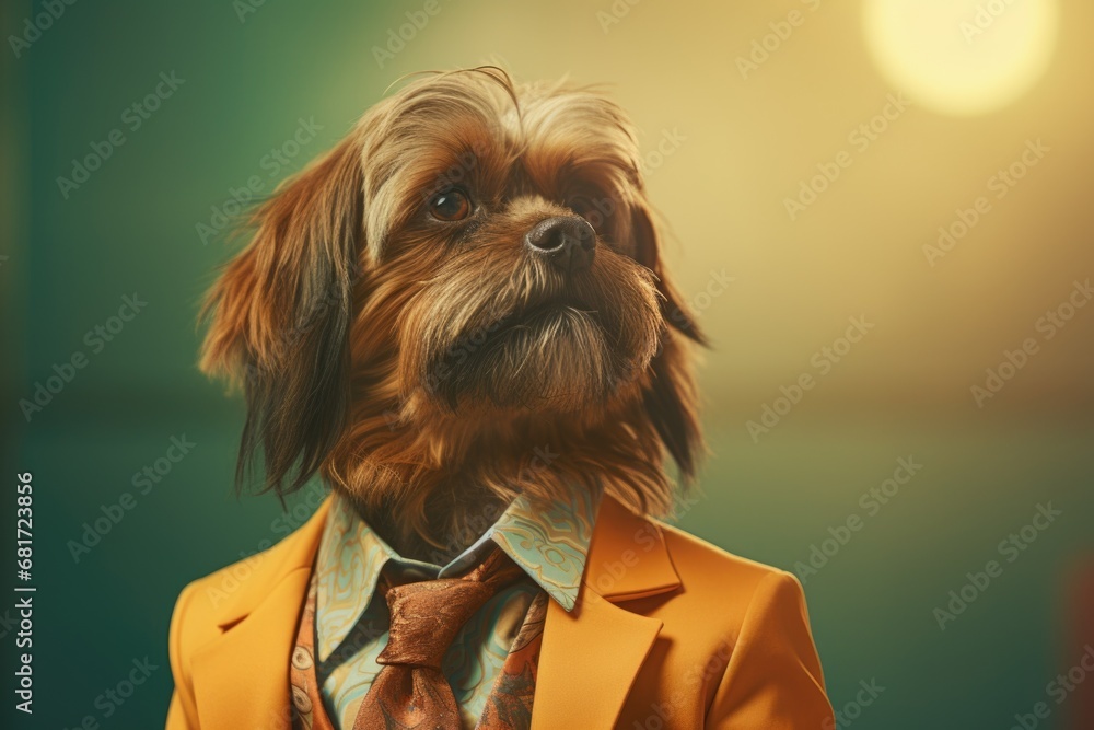 Poster A picture of a small dog dressed in a suit and tie. This image can be used to add a touch of humor and sophistication to various projects