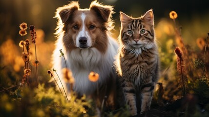 Cute dog and cat lying together on a green grass