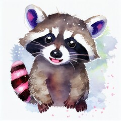 Watercolor cute raccoon. Cartoon style. Generative Ai