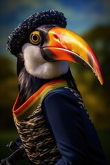 Fototapeta premium A close up view of a bird wearing a hat. This image can be used for various purposes