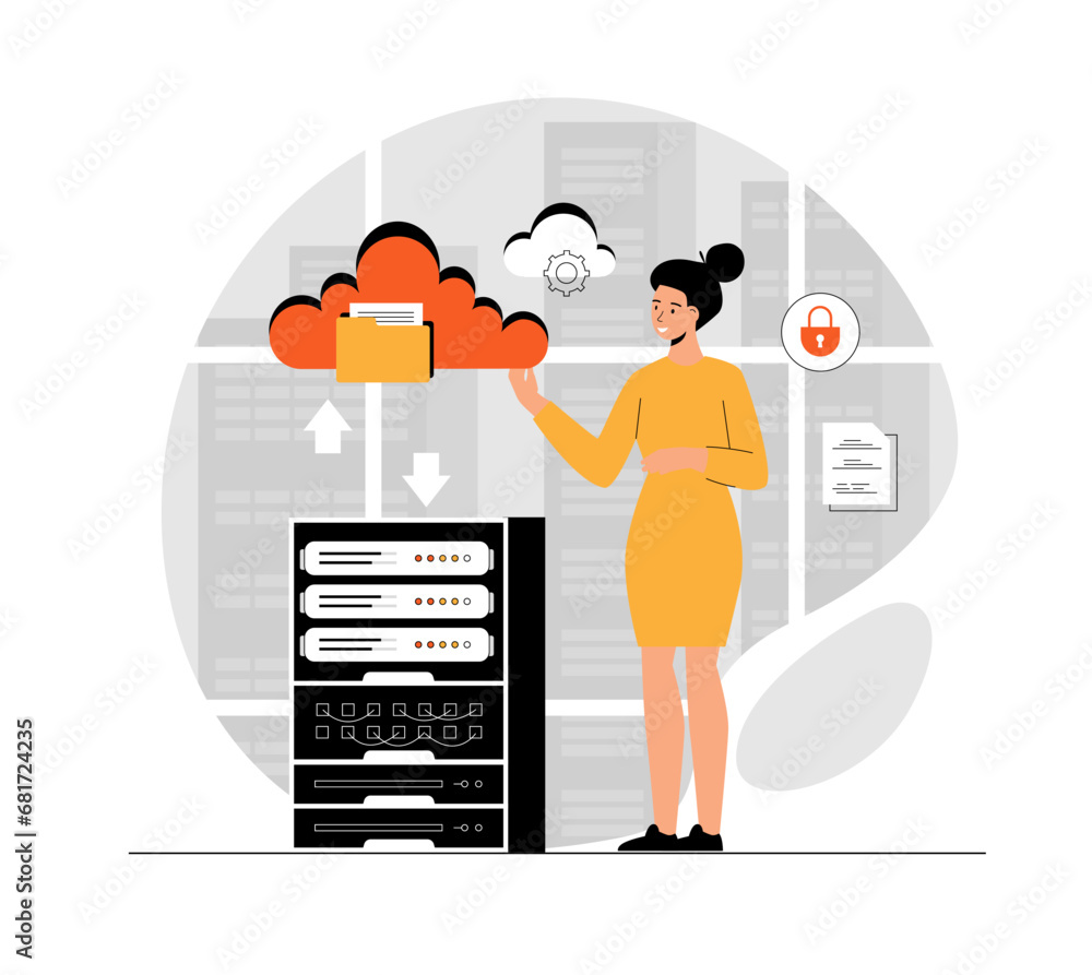 Poster cloud computing, storage concept. file transfer, data backup, document storage, cloud technology, up