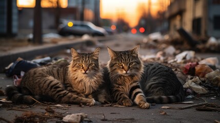 Navigating urban challenges! Feral cats in the city, a striking image of feline survival in the...