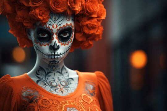 A woman with vibrant red hair and intricate sugar skull make-up. This image can be used for Halloween-themed designs or to represent Day of the Dead celebrations