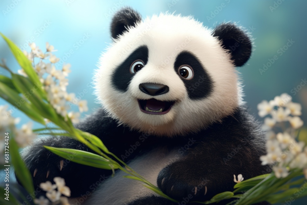 Poster A close-up view of a panda bear with beautiful flowers in the background. This picture can be used to add a touch of nature and cuteness to various projects