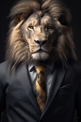 A man dressed in a suit with a lion head on his head. This unique and eye-catching image can be used to represent creativity, individuality, or even a costume party