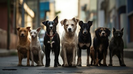 Urban canine companions! Half-a-dozen stray street dogs roam in a residential area, capturing the...