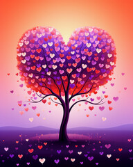 illustration of a purple red tree in a heart shape with small hearts as leaves, violet landscape