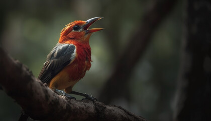 Fototapeta premium Vibrant bee eater perching on branch, alert in tropical forest generated by AI