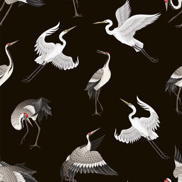 Seamless pattern with dancing crenies and herons. Vector.