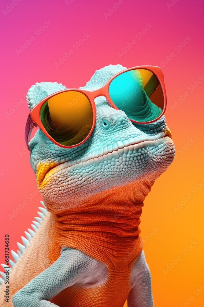 Poster A picture of a lizard wearing sunglasses on a vibrant and colorful background. This image can be used to add a fun and quirky touch to various projects.
