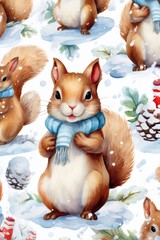 A seamless picture of a squirrel wearing a scarf. This image can be used to add a touch of whimsy and cuteness to any project