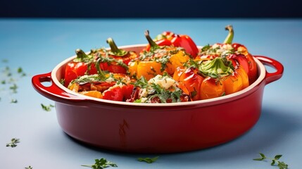 Savor homemade goodness! Bell red peppers stuffed with pasta, vegetables, cheese, and herbs in a baking dish on a light blue background.