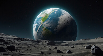 The majestic sight of Earth slowly emerging from behind the moon, its blue and green hues contrasting against the stark lunar landscape - AI Generative