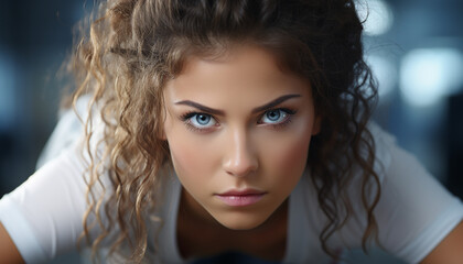 Naklejka premium Young woman with curly hair looking at camera, exuding confidence generated by AI