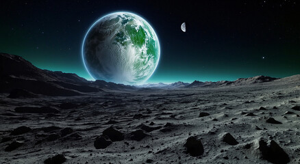 Naklejka premium The majestic sight of Earth slowly emerging from behind the moon, its blue and green hues contrasting against the stark lunar landscape - AI Generative
