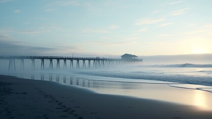 A peaceful beach during a misty morning, with the fog gently enveloping the coastline, soft waves lapping at the shore, and the silhouette of a lone pier in the distance.