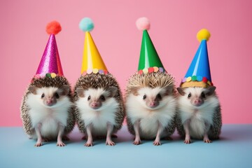 Fototapeta na wymiar A group of adorable hedgehogs wearing festive party hats. Perfect for birthday celebrations and animal-themed events