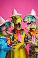 A picture of three dinosaurs dressed in costumes. Perfect for group dress-up events and...