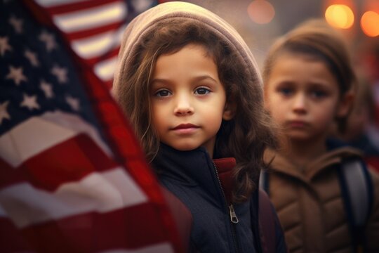 A young girl is seen holding an American flag in the midst of a bustling crowd. This image can be used to depict patriotism, national pride, or celebrations such as Independence Day parades