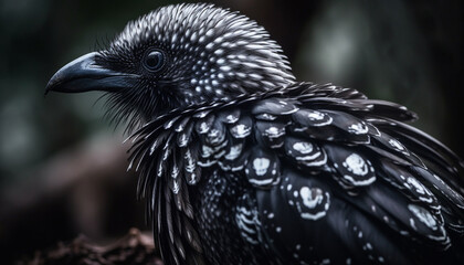 Black hawk perching on branch, looking at camera with beady eye generated by AI