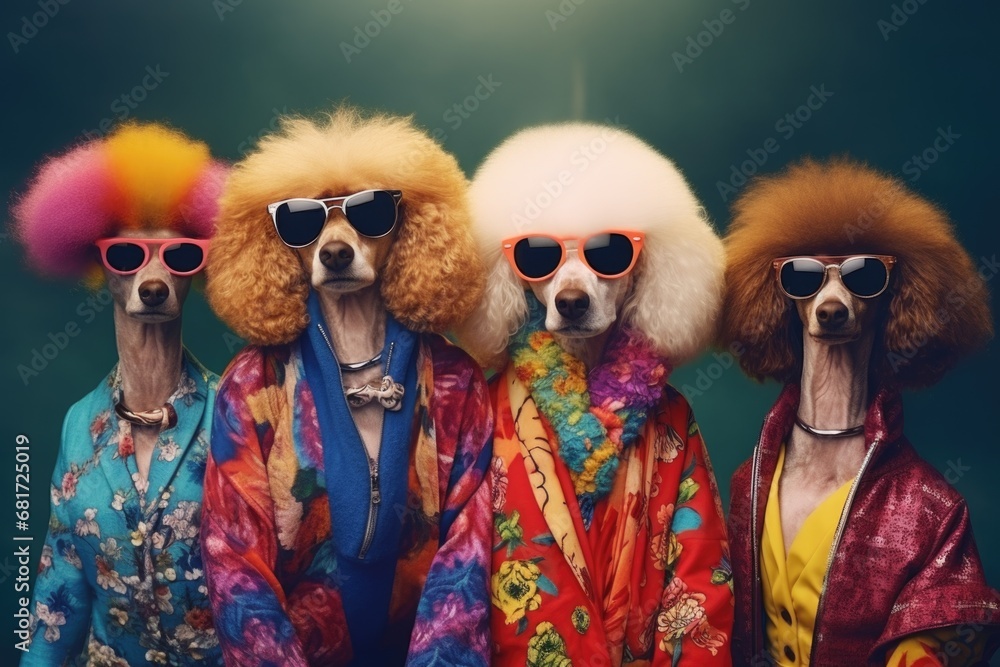 Poster A group of three dogs dressed in vibrant clothes and stylish sunglasses. This image can be used to depict fashion-forward pets or to add a playful element to any project.