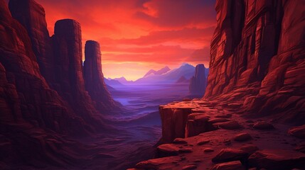 A remote desert canyon at sunset, with the walls of the canyon glowing in shades of orange and red, contrasting with the deepening blue of the sky above.
