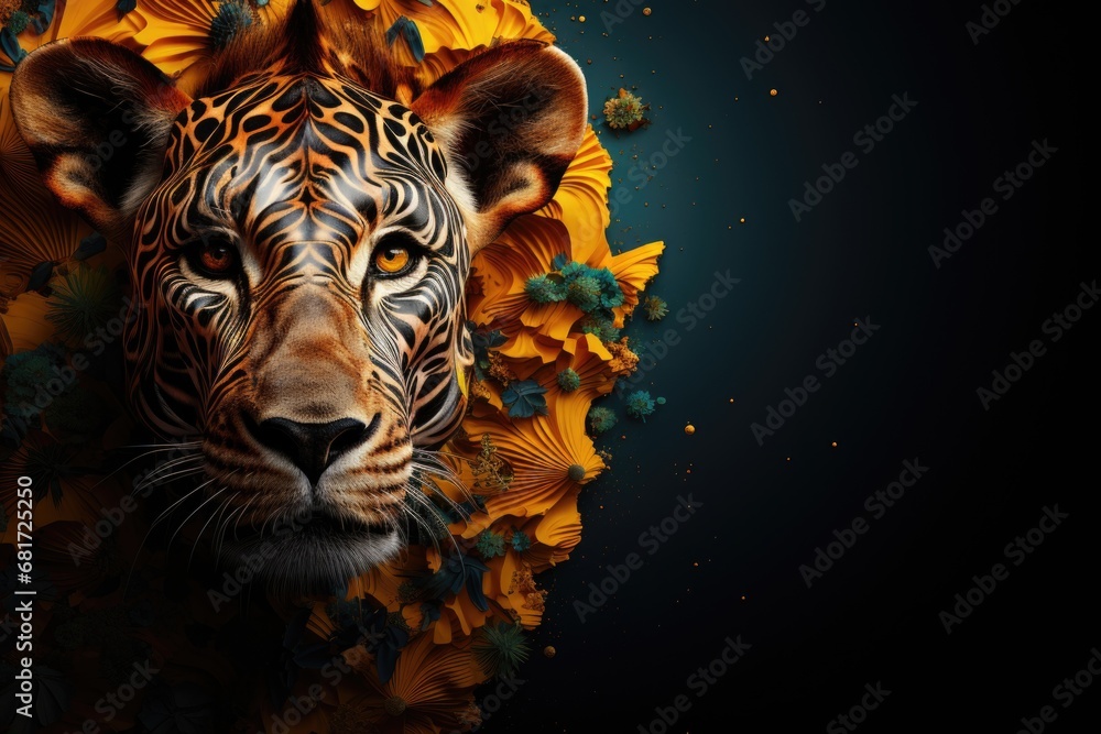 Poster a majestic tiger is surrounded by vibrant yellow flowers. this image can be used to add a touch of e