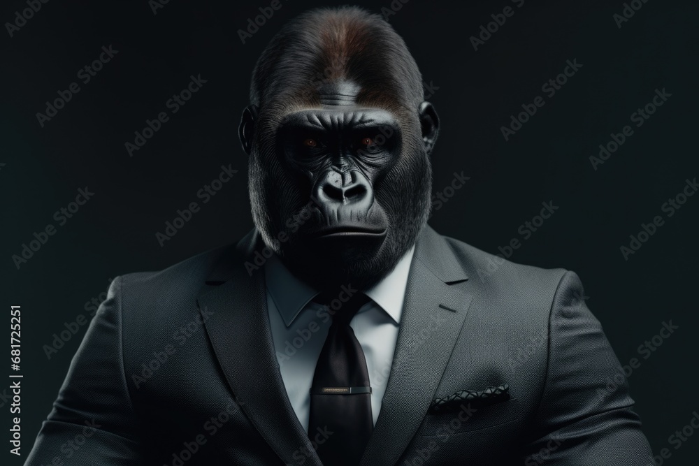 Poster a man wearing a formal suit and tie, posing with a gorilla mask. this image can be used for costume 