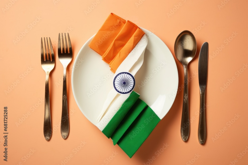 Aufkleber A simple image of a plate with a neatly folded napkin, a fork, and a knife. This versatile image can be used for various dining-related concepts and themes.