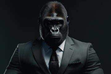 A man wearing a formal suit and tie, posing with a gorilla mask. This image can be used for costume parties or to represent hidden identities. - obrazy, fototapety, plakaty