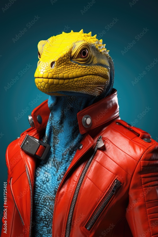 Poster a picture of a lizard dressed in a red leather jacket and blue sweater. this image can be used to de