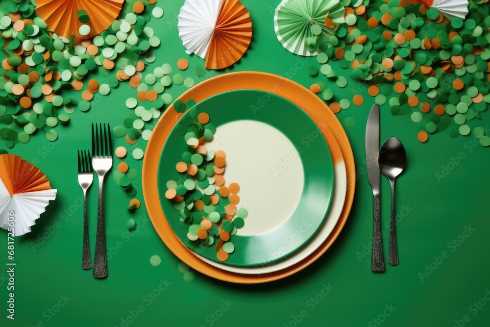 Poster a picture of a table setting featuring a plate, napkins, and silverware. ideal for use in restaurant