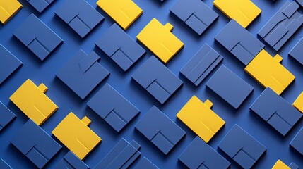 Background design of yellow demonstrate houses on plates organized in inclining lines over blue