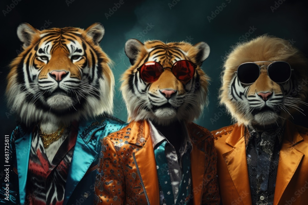 Poster Three tigers dressed in suits and sunglasses. Perfect for adding a touch of humor and style to any project