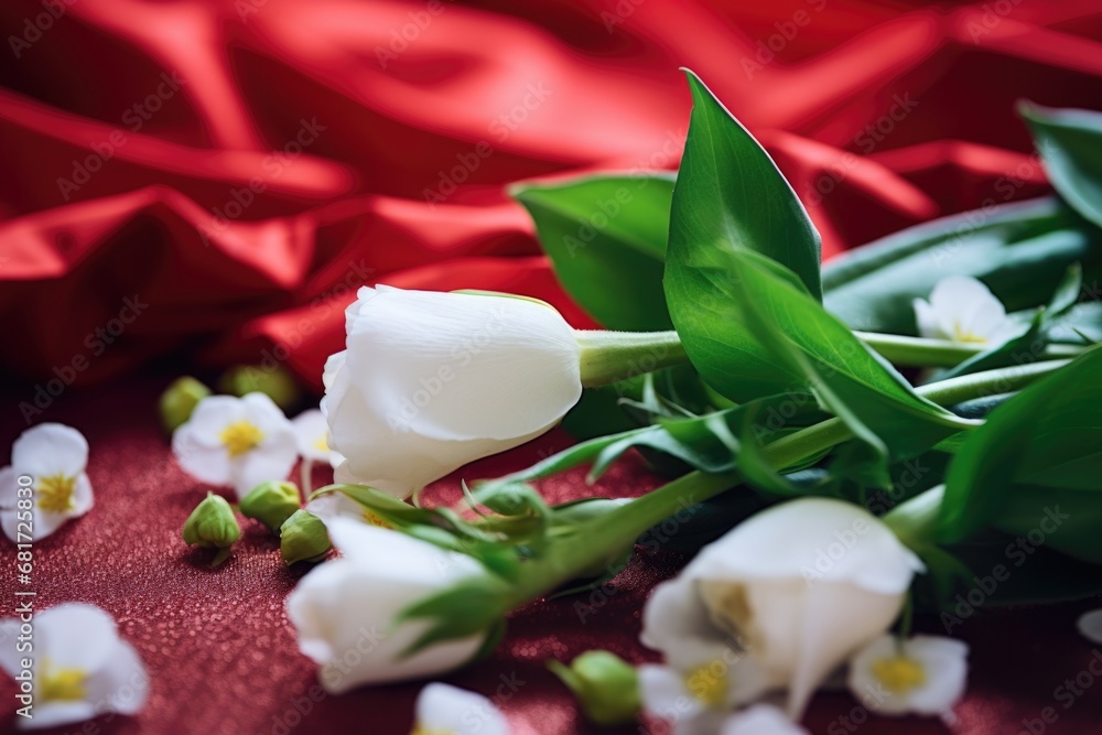 Poster a beautiful bunch of white flowers arranged on a vibrant red cloth. perfect for adding a touch of el