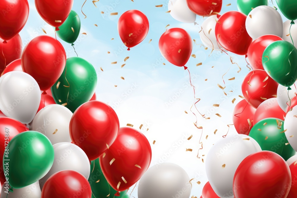 Poster a vibrant collection of red, white, and green balloons adorned with confetti. perfect for adding a f