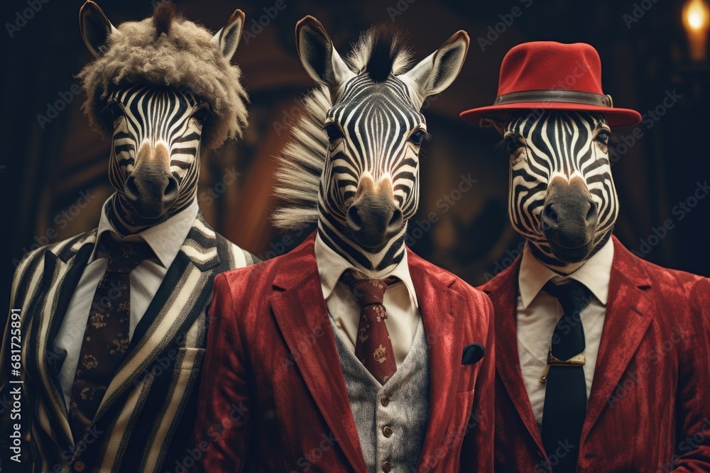 Aufkleber Three zebras dressed up in suits and hats. This image can be used for various concepts such as creativity, uniqueness, or even a whimsical twist on formal attire