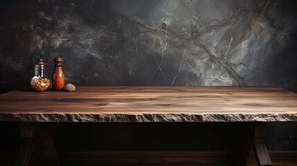 Black marble countertop against a black wall an empt