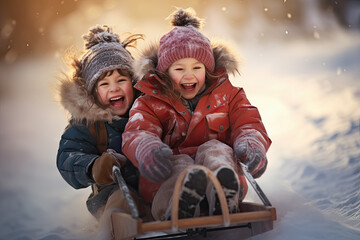  niños bajando con un trineo por una pista de nieve al atardecer vestidos con ropa de invierno