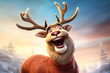 A cute cartoon reindeer with antlers standing in the snow. Perfect for holiday-themed designs and winter illustrations